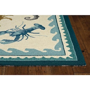 Mira Ivory/Teal 8 ft. Round Bordered Nautical Hand-Made Area Rug