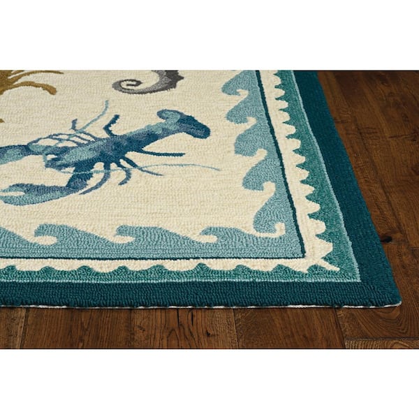 Mira Ivory/Teal 8 ft. Round Bordered Nautical Hand-Made Area Rug