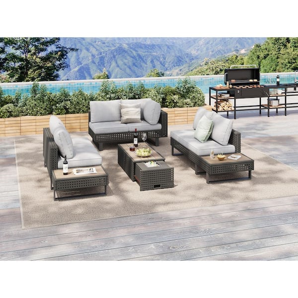 Unbranded 6-Piece Diamond Weave Gray Metal Patio Outdoor Sectional Set w/ Extendable Coffee Table, Collapsible Seat Gray Cushions