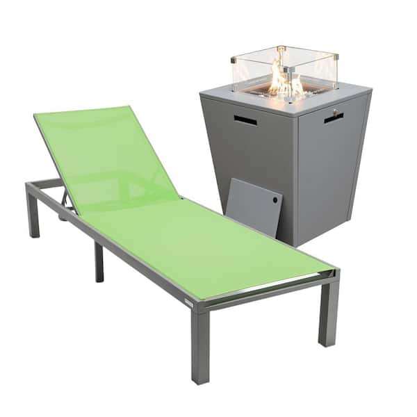 Marlin Modern Grey Aluminum Outdoor Patio Chaise Lounge Chair with Square Fire Pit Table, Green