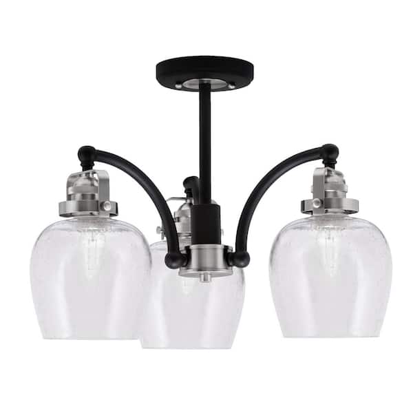 Unbranded Decatur 16.5 in. 3 Light Black and Nickel Semi-Flush with 6 in. Clear Bubble Glass Shades No blulbs included