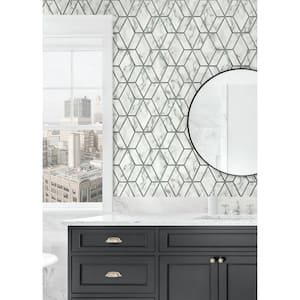 56 sq. ft. Carrara and Metallic Charcoal Jodene Marbled Geometric Unpasted Paper Wallpaper Roll