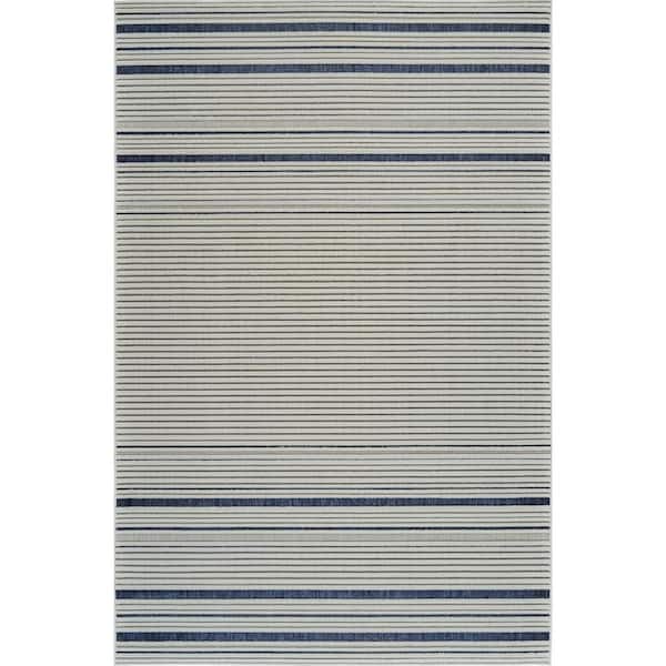 Blue, Cream 4 ft. x 6 ft. Woven Striped Polypropylene Rectangle Indoor/Outdoor Area Rug