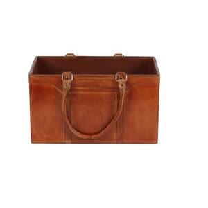 Brown Handmade Box Style Single Slot Magazine Holder with Detail Stitching and Curved Handles