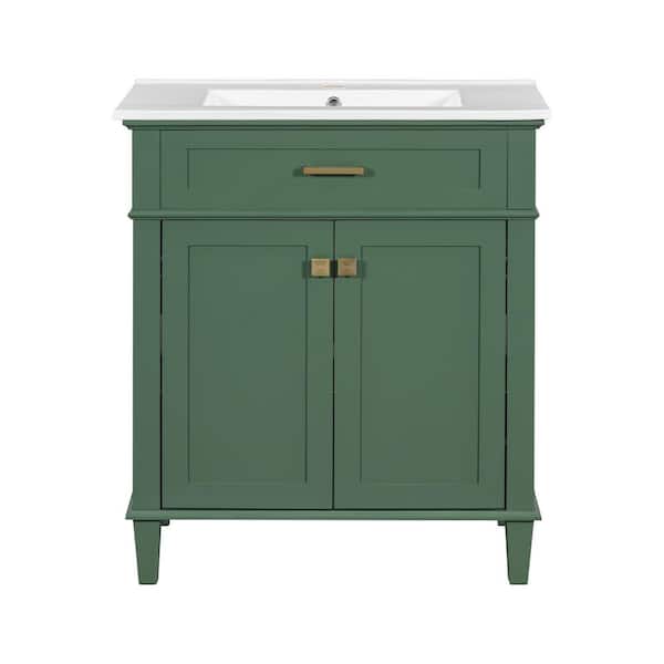 30 in. Single Sink Deep Green Cabinet Bath Vanity with White Ceramic Top, Soft Close Door and Adjustable Shelves