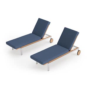 Monterey 2 Piece Stainless Steel Teak Outdoor Chaise Lounge with Spectrum Indigo Cushions