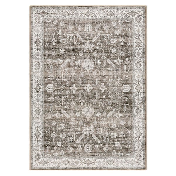 EVERWASH Haven 6 ft. x 9 ft. Brown Distressed Border Washable Area Rug