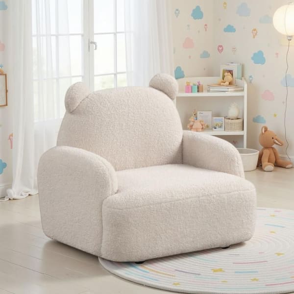 Raye Beige Velvet Teddy Bear Shaped Kids Armchair with Black Legs