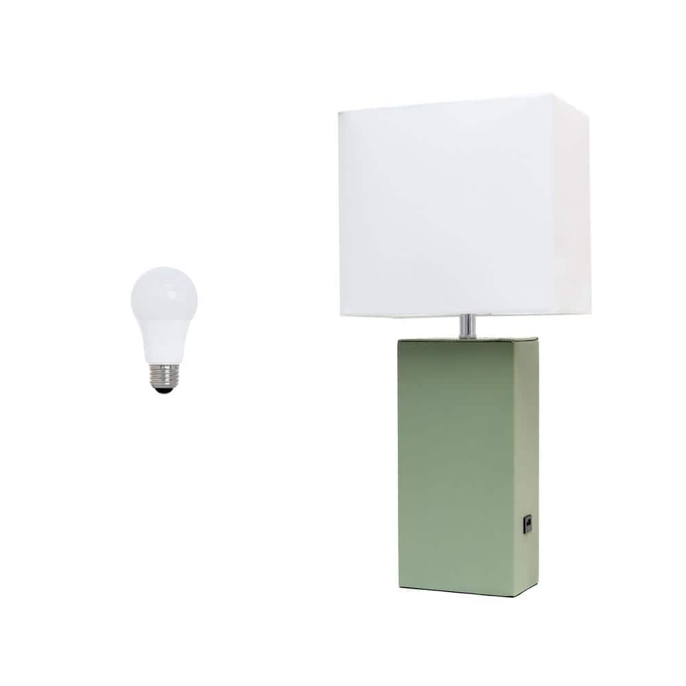 Lalia Home 21 in. Modern Leather Base Table Lamp for Living Room with USB Charging Port and Feit LED Bulb, Sage Green