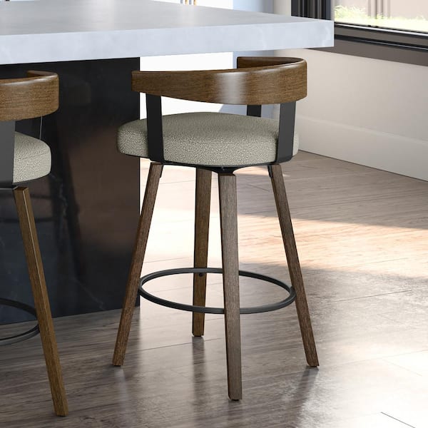 Amisco Cohen 26 in. Light Beige and Grey Boucle Polyester / Brown Wood Swivel Counter Stool