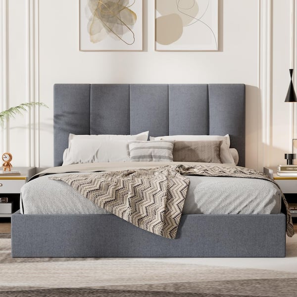 Ahokua Gray Plywood Frame Full Size Linen Upholstered Platform Bed with Lifting Storage