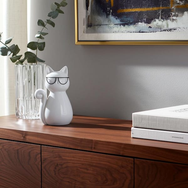 White 5 in. x 7 in. Stoneware Cat with Glasses Figurine