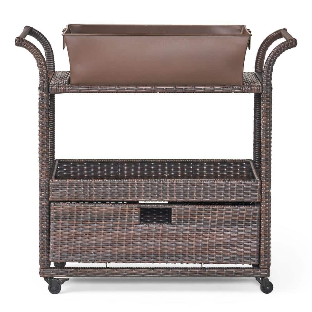 Outdoor Resin Wicker Bar Serving Cart Ice Bucket Bin