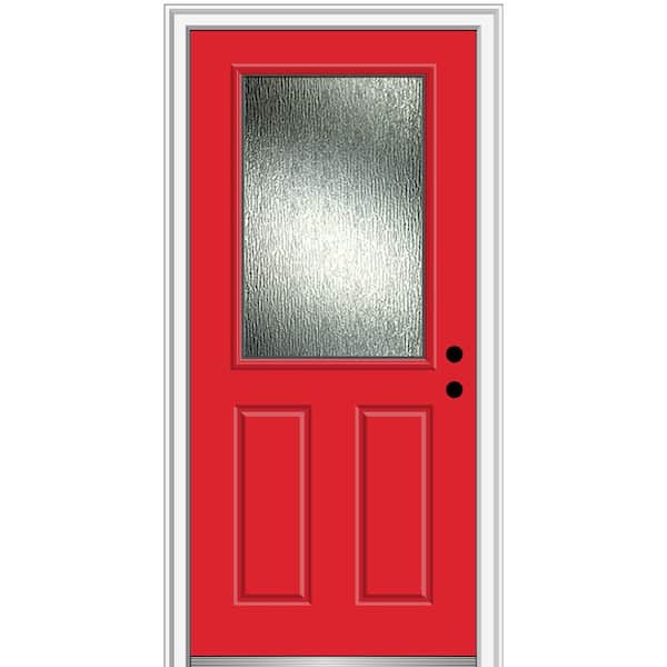 MMI Door Rain Glass 34 in. x 80 in. Left-Hand Inswing 1/2 Lite 2-Panel Painted Red Saffron Prehung Front Door on 6-9/16 in. Frame