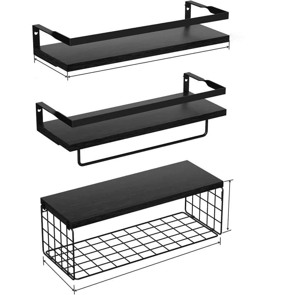 16 in. L x 5 in. D Black Mounted Rustic Wood Shelves with Storage Basket (S