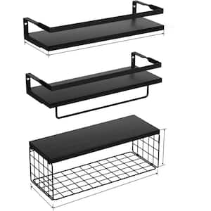 16 in. L x 5 in. D Black Mounted Rustic Wood Shelves with Storage Basket (Set of 3)