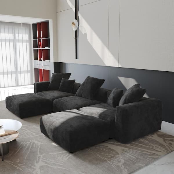 141 in. Square Arm Corduroy Velvet 5 Pieces U Shaped Modular Free Combination Sectional Sofa with Removable in. Black