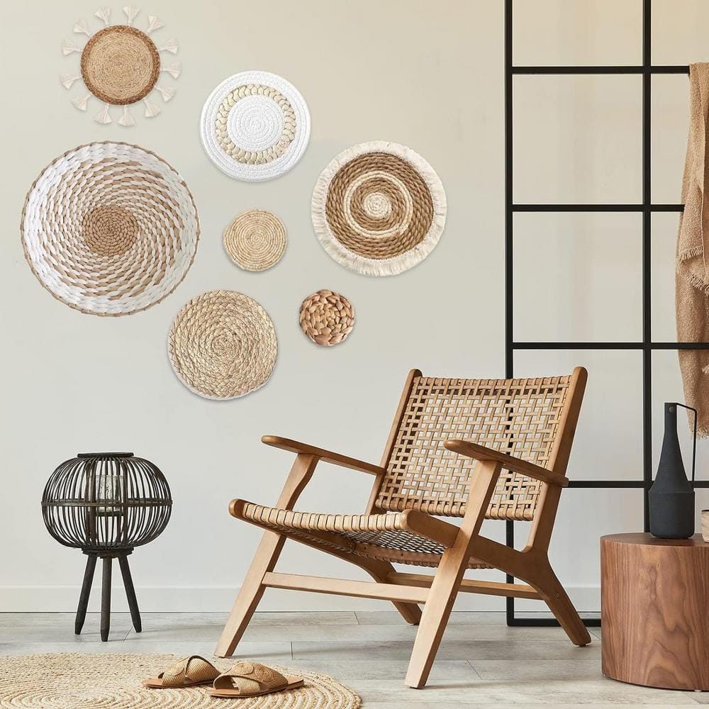 Round Seagrass and White Woven Wall Baskets Set