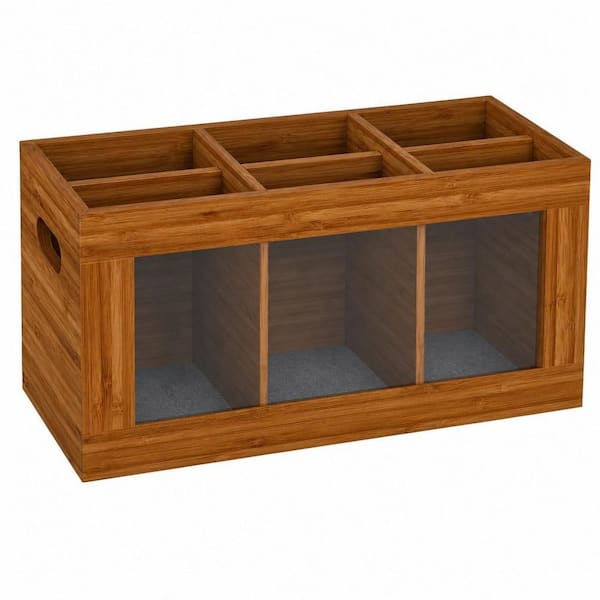 Bamboo Brown Utensil Holder & Silverware Organizer with Absorbing Drying Stone and 6 Compartments for Kitchen Countertop