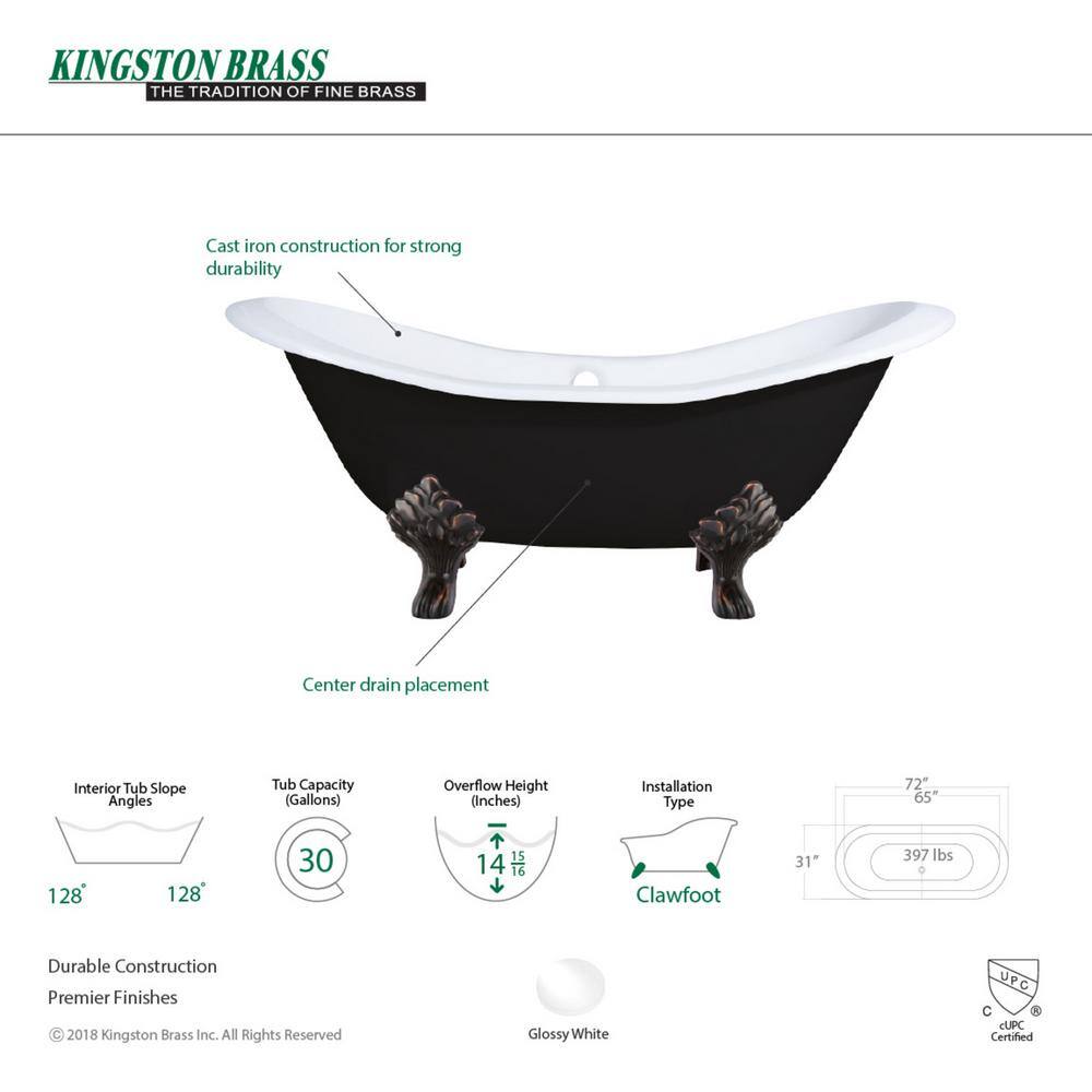 72-Inch Black and White Cast Iron Double Slipper Clawfoot Tub