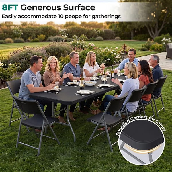 Costway 96 in. Black Rectangle Metal Portable Folding Table with