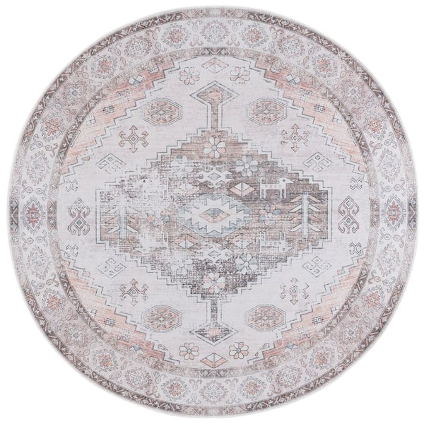 Arizona 6 ft. x 6 ft. Beige/Taupe Machine Washable Distressed Ornate Border Round Area Rug