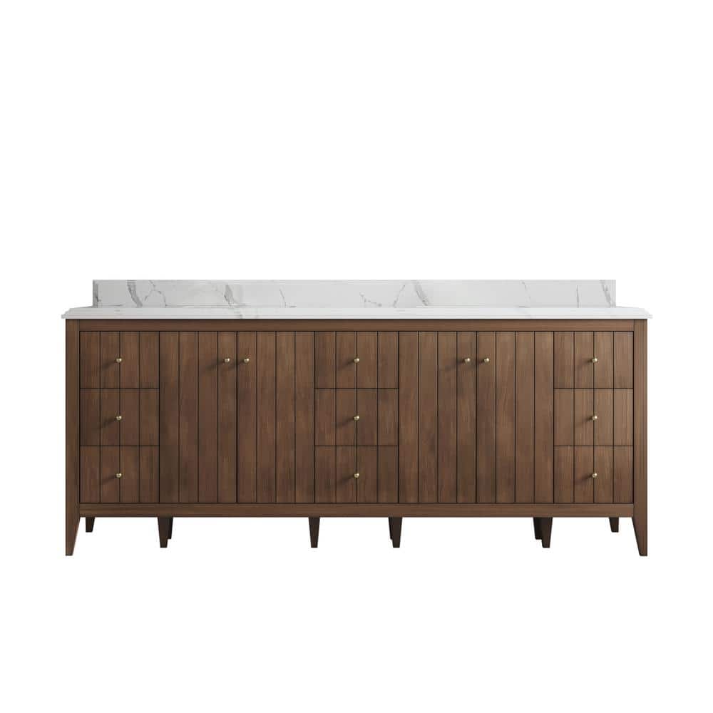 Atlanta Teak 84 in. W x 22 in. D x 36 in. H Double Sink Bath Vanity in Dark Natural with 1.5 in. Calacatta Laza qt. Top price history on PriceWatchPro