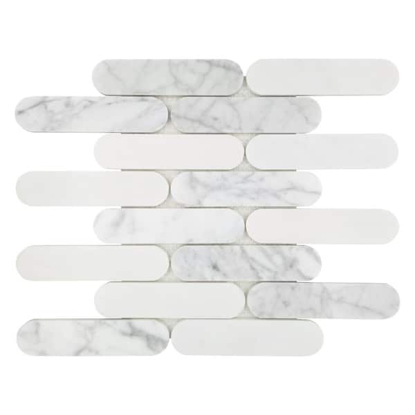 sunwings Oval Interlocking Mosaic Backsplash 12x11.5In. Honed White Carrara&Thassos Marble Floor and Wall Tile (9.6 Sq. Ft./Box)
