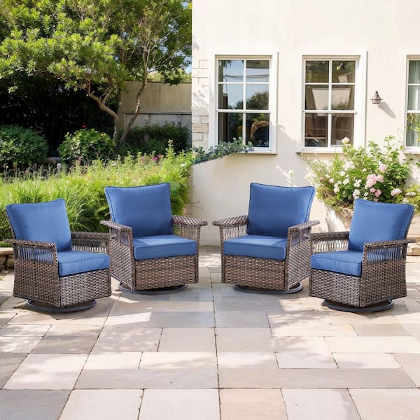 Solara 4-Piece Brown Wicker Outdoor Rocking Chair Patio Furniture Swivel Glider Set Deep Seating with Blue Cushions