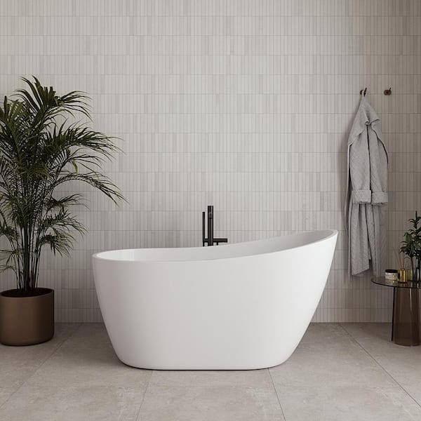 55 in. x 28 in. Acrylic Freestanding Soaking Bathtub in Glossy White with Brushed GunMetal Drain