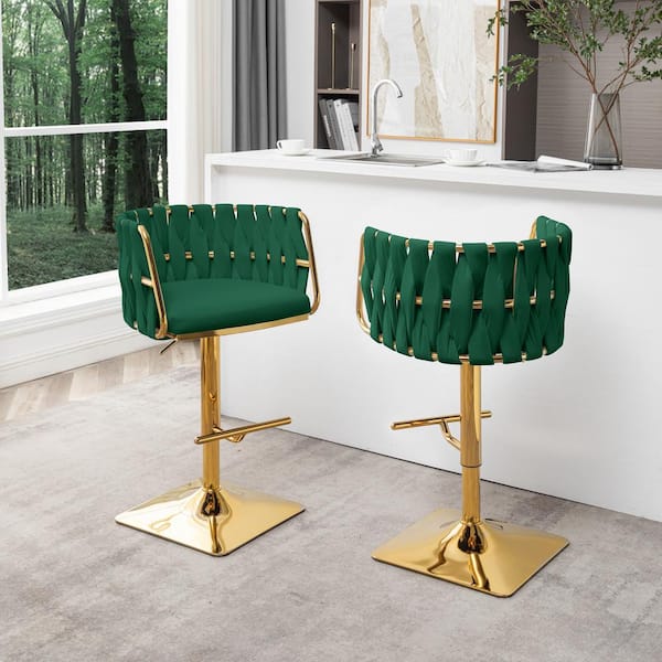 Best Quality Furniture Debra 34 in. Upholstered Emerald Green Low Back Gold Metal Frame Adjustable Bar Stool with Velvet Fabric Set of 2 BS158