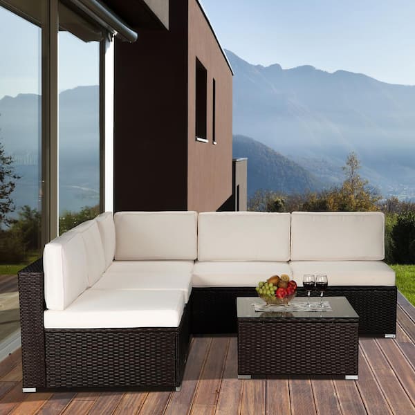 Unbranded 6-Piece Patio Brown PE Rattan Wicker Outdoor Sectional Sofa Sets with Beige Cushion