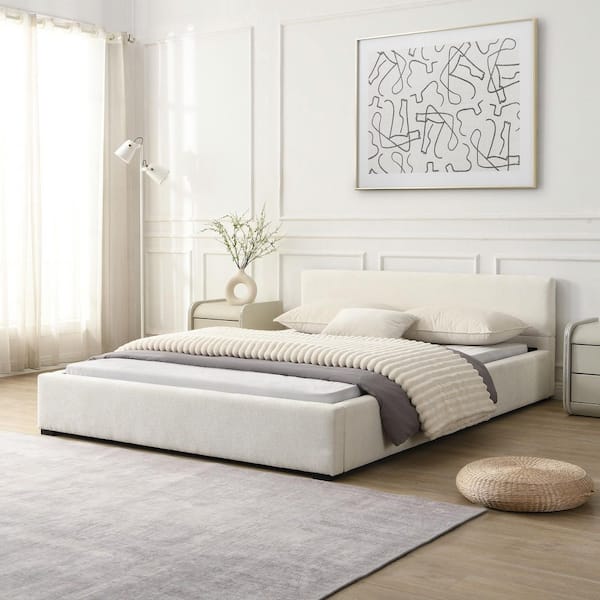 Malachi Modern Elegant Beige Polyester Fabric Upholstered Wood Frame Queen Size Platform Bed
