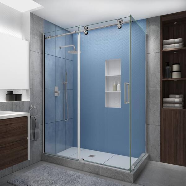 Aston Langham XL 60-64 in. x 32 in. x 80 in. Sliding Frameless Shower Enclosure StarCast Clear Glass in Polished Chrome Right
