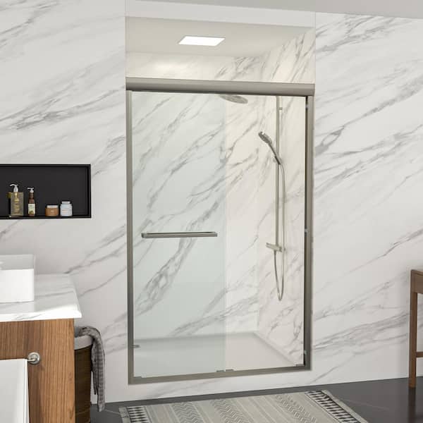 48 in. W x 76 in. H Bypass Sliding Semi-Frameless Shower Door/Enclosure in Brushed Silver with Clear Glass