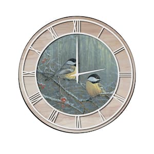 "Winter Breeze Chickadee" Woodgrain Accent and White Numbers Imaged Wall Clock