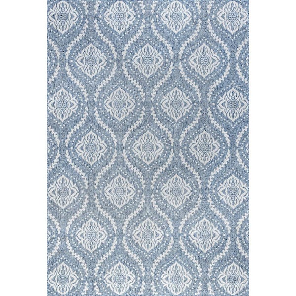 Tayse Rugs Denver Damask Blue 4 ft. x 6 ft. Indoor/Outdoor Area Rug