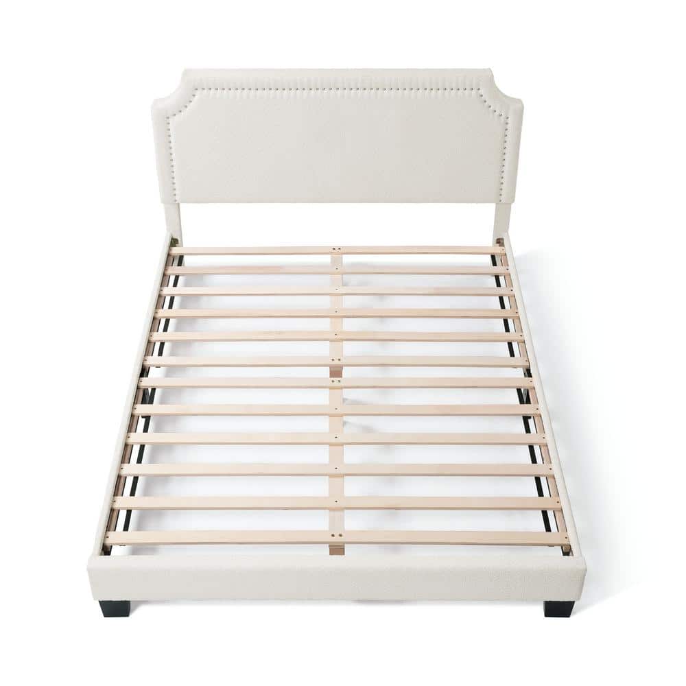 White Boucle Upholstered Queen Bed with Nailhead Trim and Wood Frame