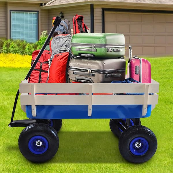 3.04 cu. ft. 176 lbs. Steel Outdoor All-Terrain Frame Wood Railing Pulling Wagon Garden Cart in Blue