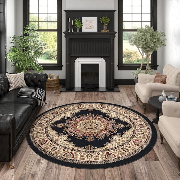 Sensation Border Black 8 ft. Round Indoor Area Rug