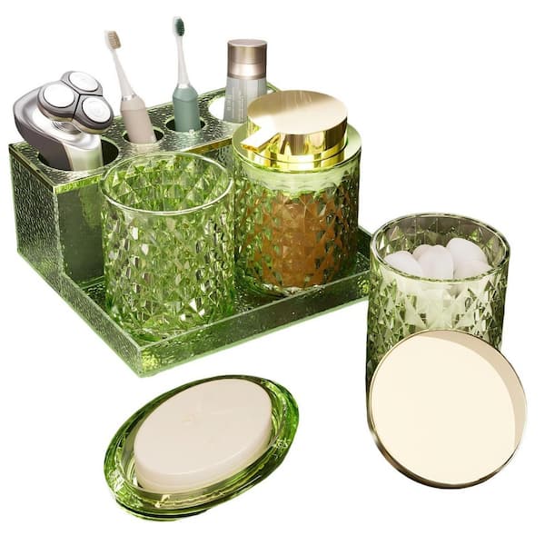 5-Piece Glass Bathroom Accessories Set in Green, Foaming Soap Dispenser, Soap Dish, Cup and Toothbrush Holder