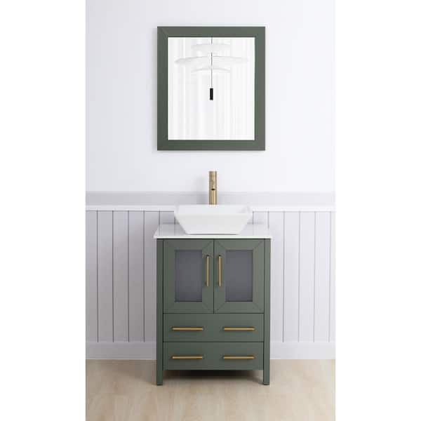 24 in. W Single Basin Vintage Green Bath Vanity with White Engineered Marble Top and Mirror