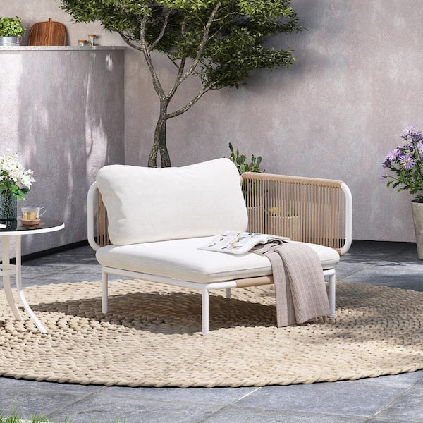 1 Piece Metal Outdoor Drawstring Sectional Single Sofa with White Cushions