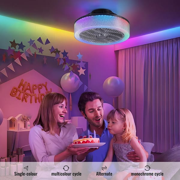 16 in. Modern Indoor Smoky Gray Caged Flush Mount Ceiling Fan with RGB LED Light Low Profile Ceiling Fan with App Remote