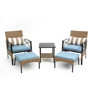 5-Piece Metal Frame PE Wicker Outdoor Bistro Set Patio Chaise Lounge Chair Set with Ottoman, Back Pillow, Blue Cushion