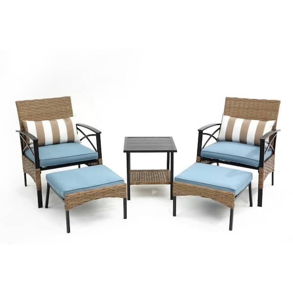 URTR 5-Piece Metal Frame PE Wicker Outdoor Bistro Set Patio Chaise Lounge Chair Set with Ottoman, Back Pillow, Blue Cushion