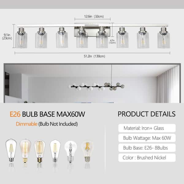 51.2 in. 8-Light Bathroom Vanity Light Fixture Brushed Nickel Finish with Clear Glass Shades(No Bulbs)