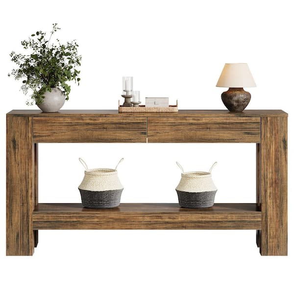 BYBLIGHT Turrella 63 in. Brown Rectangle Wood Console Table 2-Tier Sofa ...