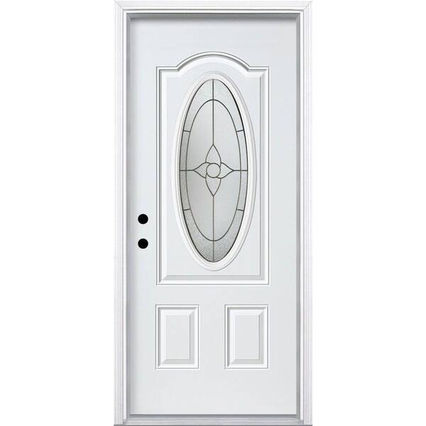 Masonite 36 in. x 80 in. Specialty 3/4 Oval 3-Panel Right-Hand Inswing Smooth Primed Fiberglass Prehung Front Door w/ Brickmold