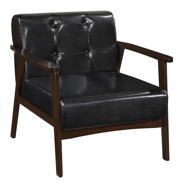 Mid Century Black Accent Chair Tufted Reading Armchair Solid Rubber Wood